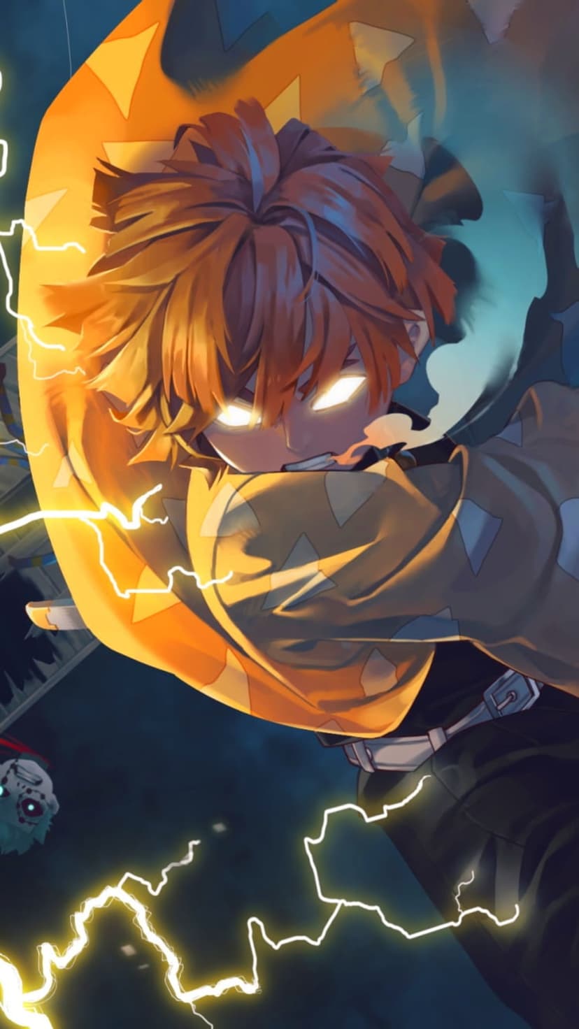 Zenitsu Agatsuma with glowing eyes amidst yellow lightning bolts against a dark blue background in a low stance.