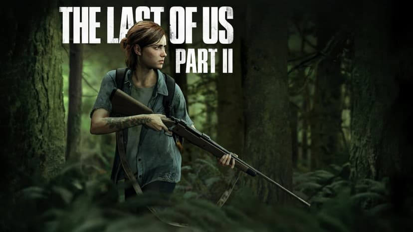 Ellie holding a rifle while scanning a dark forest environment in The Last of Us Part II cinematic scene.