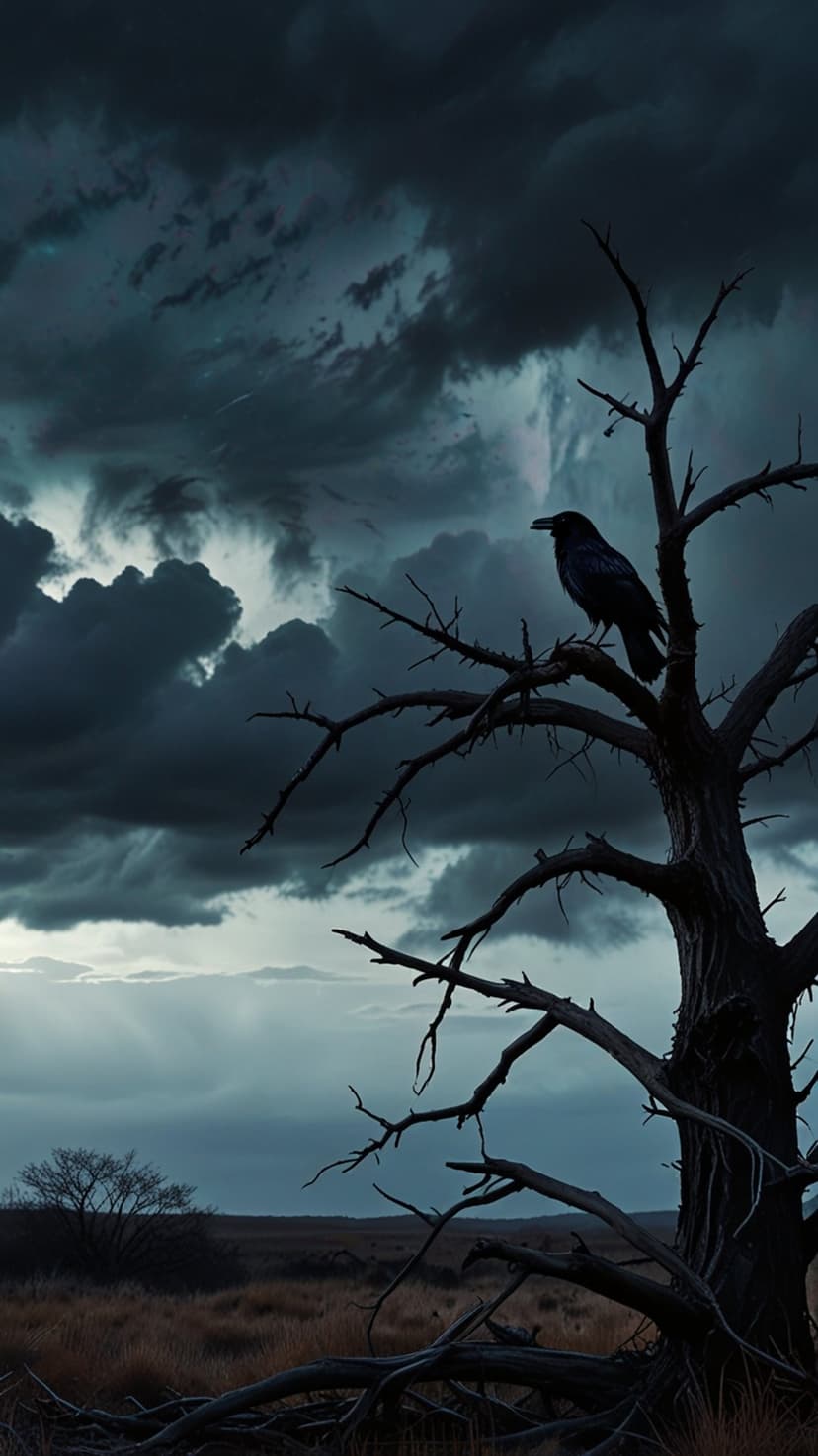 Black crow perched on a gnarled dead tree branch against a backdrop of dark, swirling grey storm clouds at dusk.