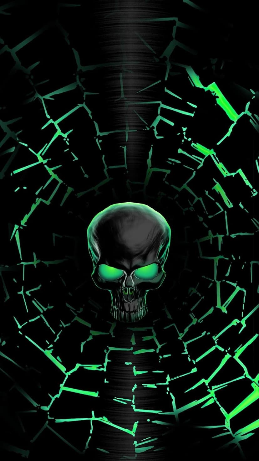 Skull with glowing green eyes surrounded by a fractured glass tunnel with neon light streaks and metallic textures.