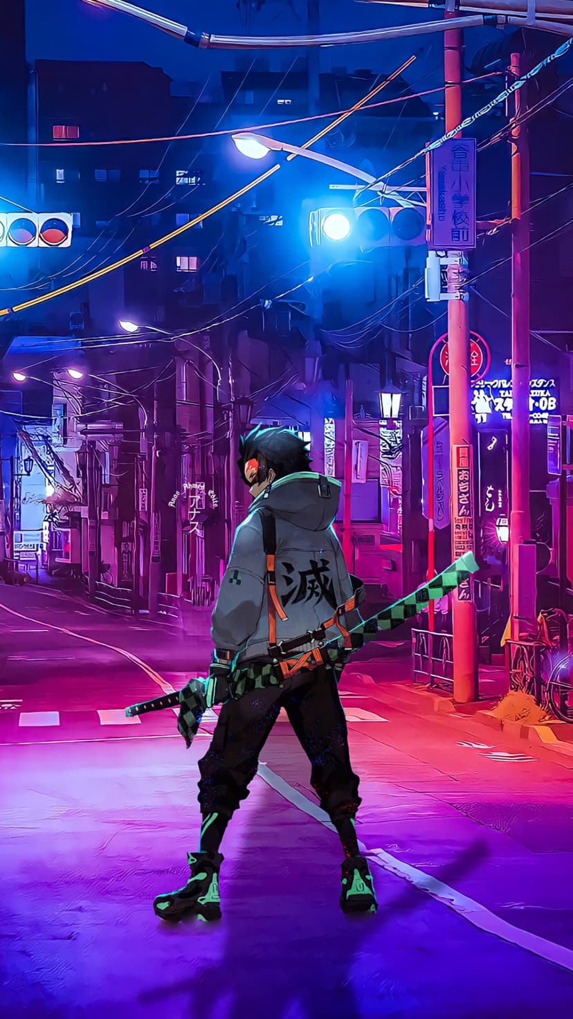 Samurai with a katana stands in a narrow alley lit by glowing purple and blue neon signs and overhead cables.