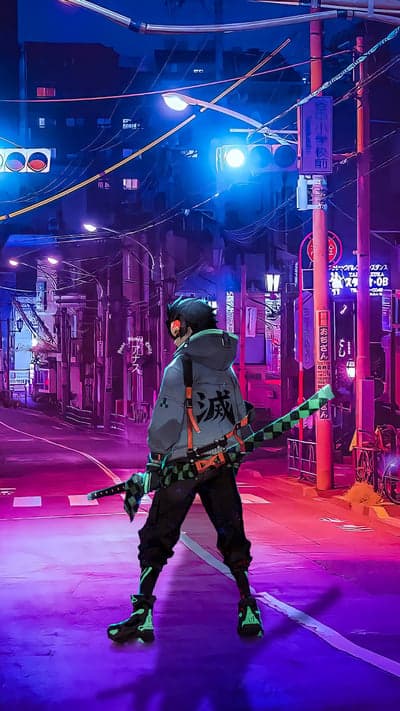 Futuristic Ronin in Neon Cyberpunk Alley Phone Wallpaper
