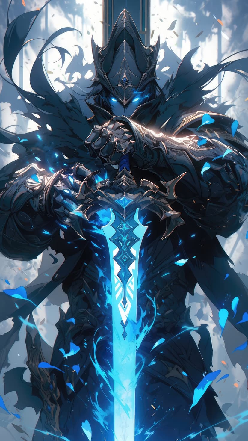Dark-armored warrior grips a glowing blue flaming sword while standing amidst a swirl of azure energy and petals.