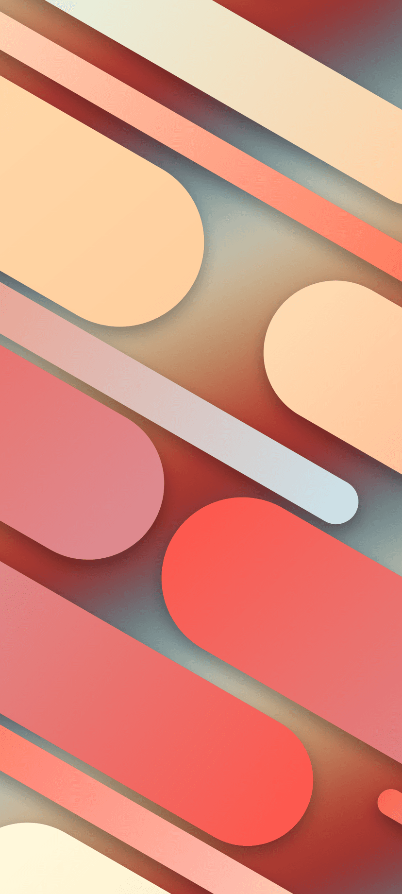 Diagonal rounded rectangles and ellipses in peach and coral colors layered over a soft blue and orange gradient.