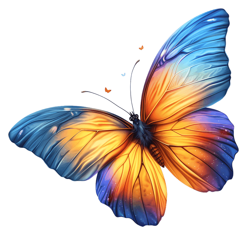 Multicolored butterfly illustration features symmetrical wings with vivid gradients and a top-down view.