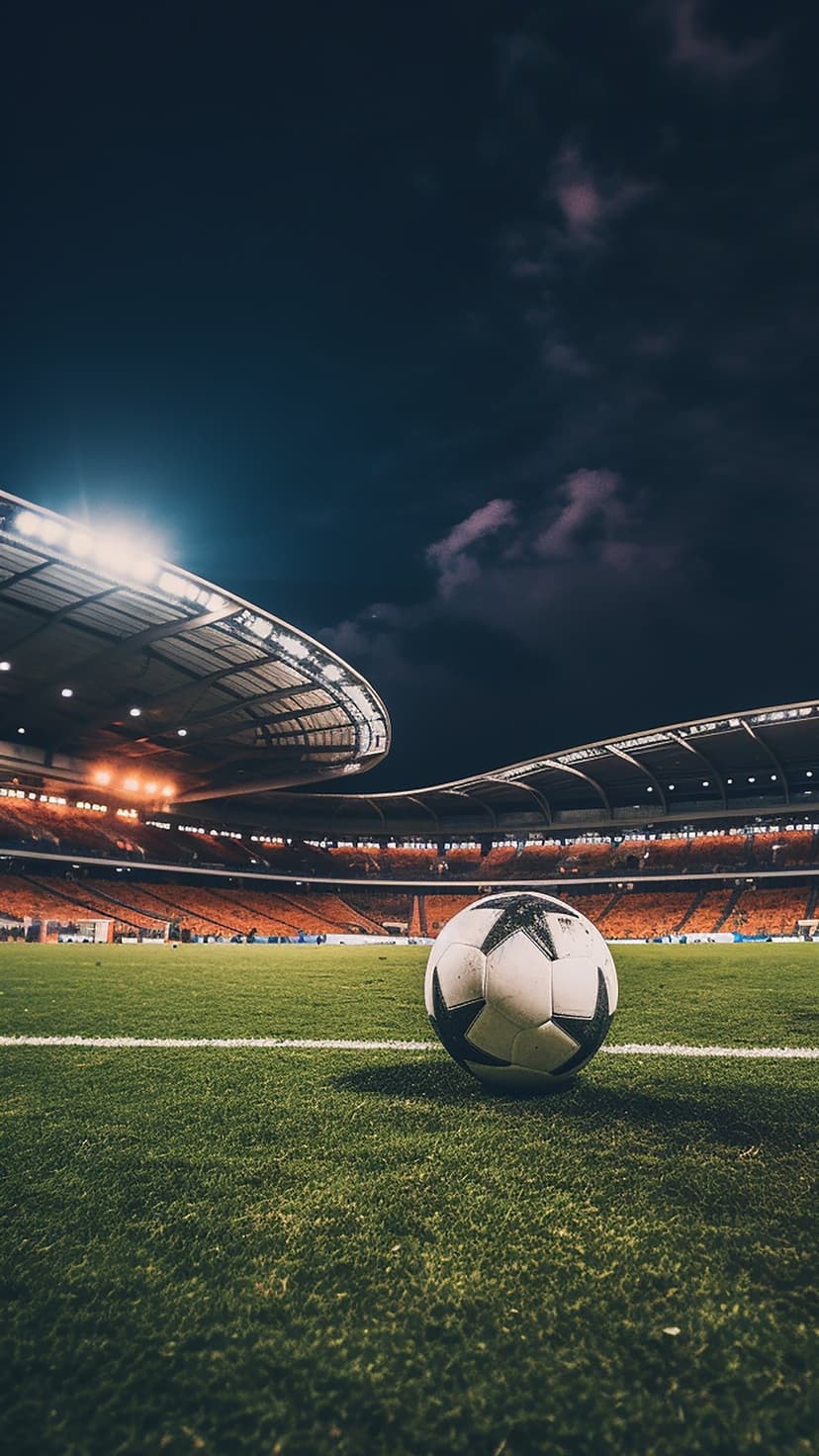 Soccer ball sits on vibrant green turf under bright stadium floodlights against a dark cloudy night sky.