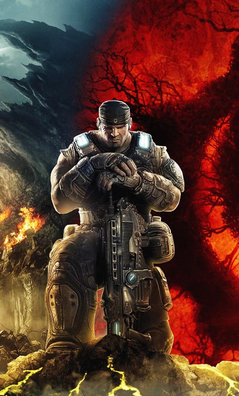 Marcus Fenix kneeling with a Lancer rifle against a split background of blue storms and red organic textures.