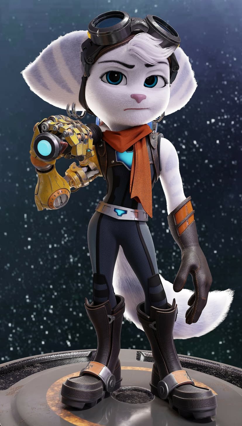 Rivet the Lombax with white fur and mechanical arm standing on a platform against a starry space background.