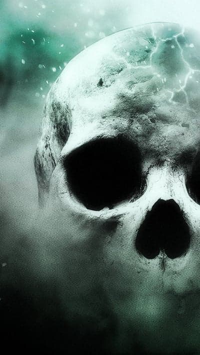 Eerie Skull Close-Up with Cracked Forehead and Fog