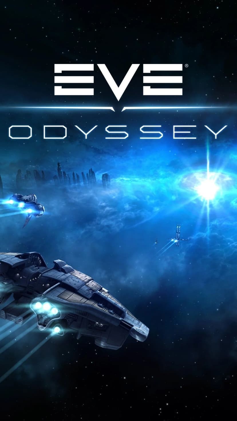 Sci-fi spaceships flying through a glowing blue nebula with a bright star and EVE Odyssey logo.