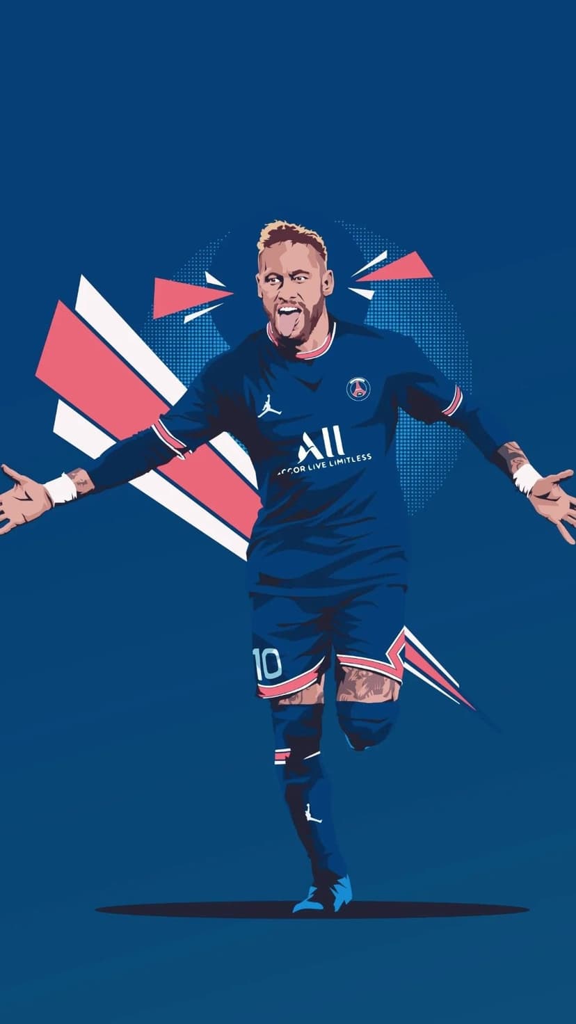 Neymar Jr. in a blue PSG jersey #10 with arms outstretched and a joyful expression against geometric shapes.