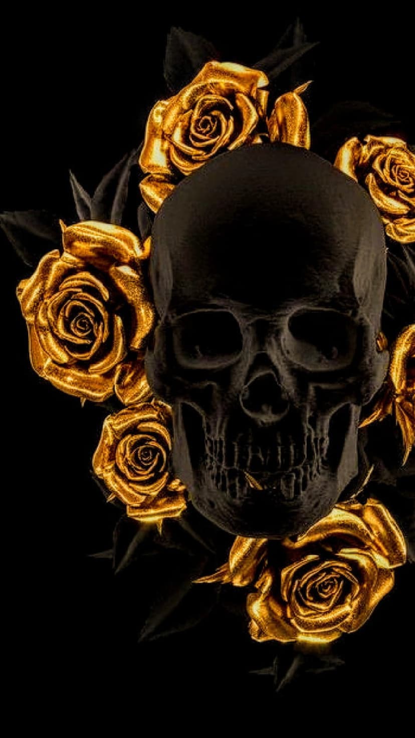 Matte black skull surrounded by intricate metallic golden roses with deep shadows and reflective highlights.