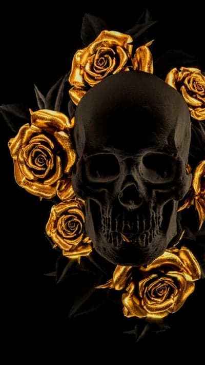 Black Skull and Golden Roses Dark Gothic Wallpaper