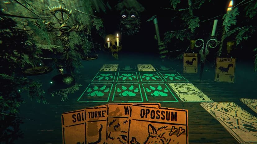 Dark forest card table with glowing eyes in the background, animal cards, skull, candles, and bronze scales.