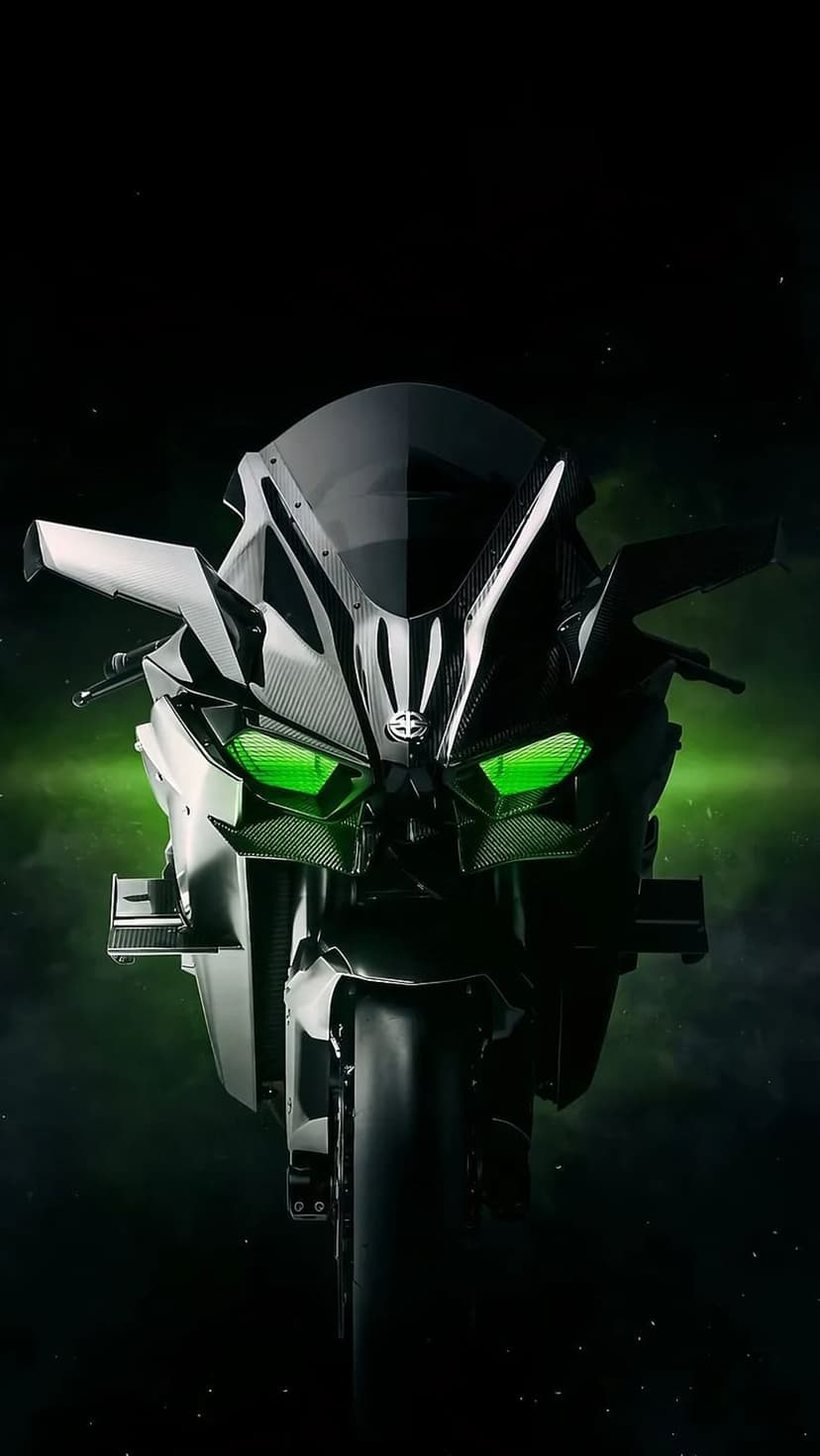 Kawasaki Ninja H2R motorcycle with glowing green headlights, carbon fiber textures, and swirling green mist.