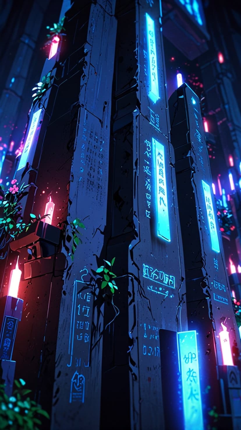 Monolithic buildings with glowing blue runes and pink neon signs among green vines in a dark futuristic city.
