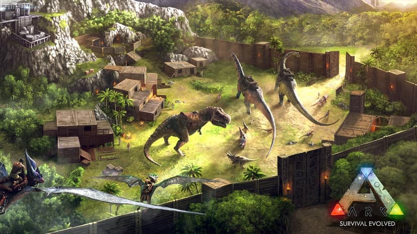 Dinosaur settlement in ARK Survival Evolved with T-Rex, Brachiosaurus, and flyers over a fortified wooden base.