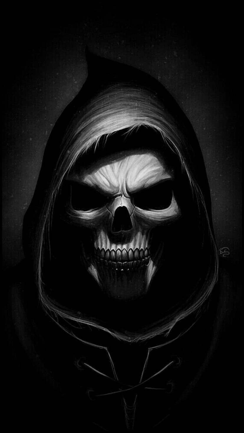 Human skull wearing a dark tattered hood with hollow eye sockets and sharp teeth against a black backdrop.