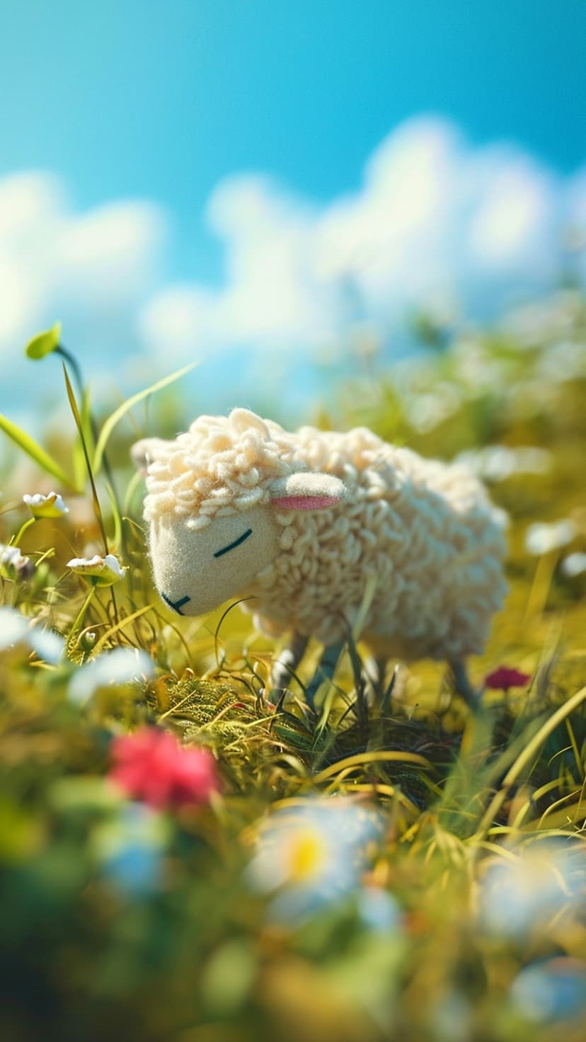 Fluffy white toy sheep sits in a green meadow with colorful wildflowers under a sunny blue sky and soft clouds.