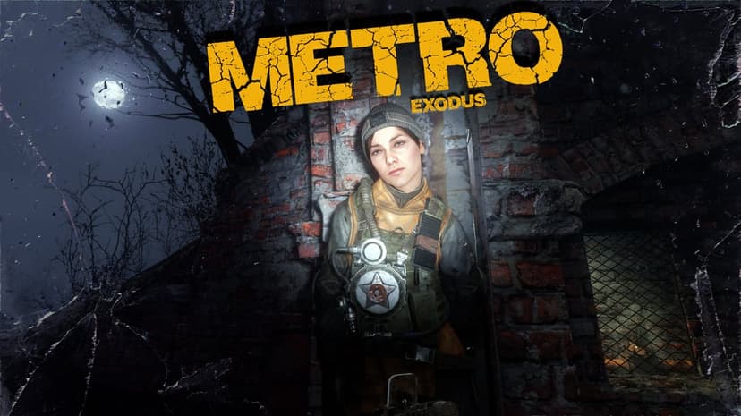 Anna from Metro Exodus in survival gear standing by a brick wall under a full moon in a night scene.