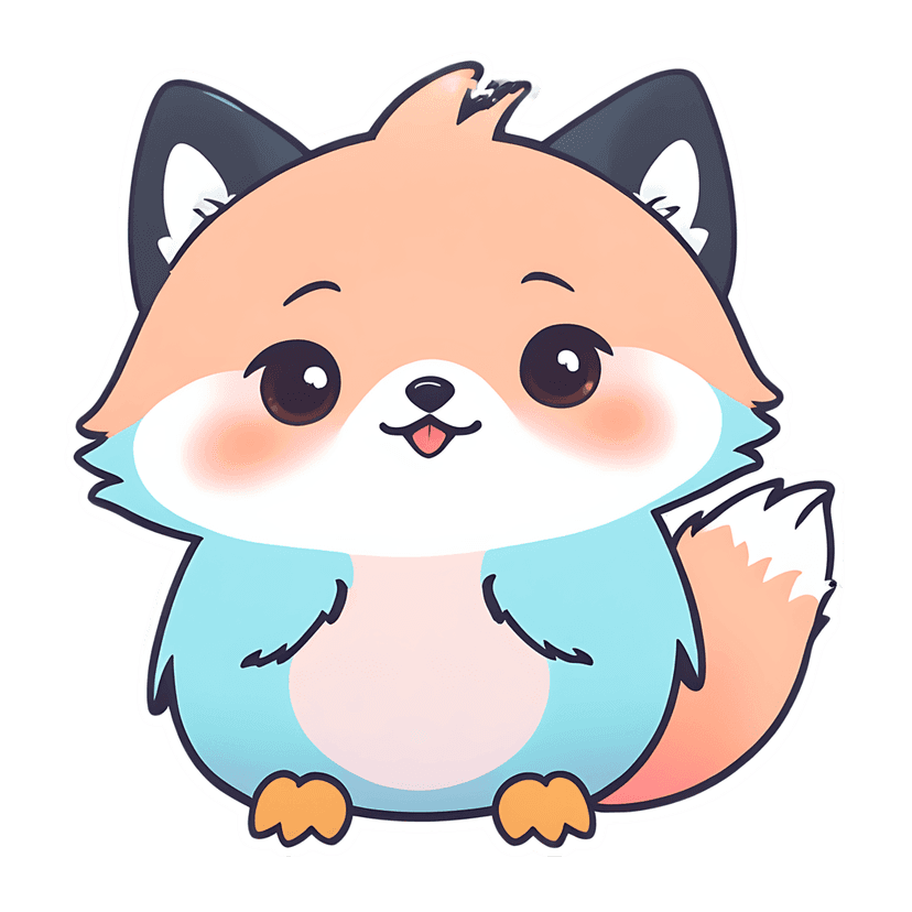 Chibi fox illustration with peach and blue gradient fur features a thick white outline and large black eyes.