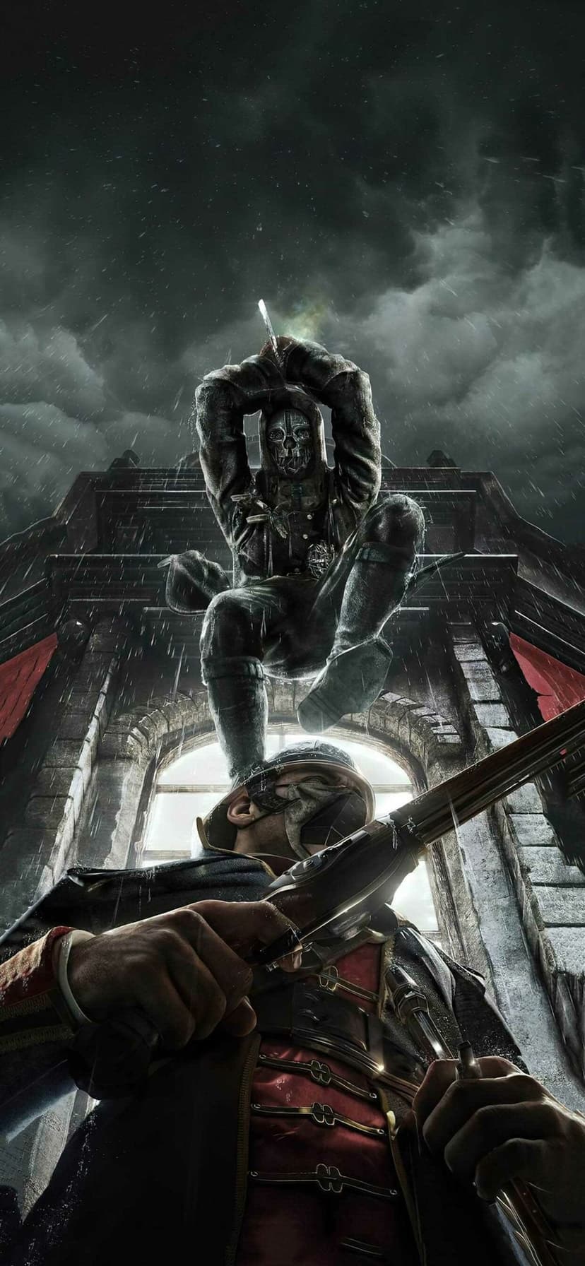 Corvo Attano in a skull mask drops from a gothic building to assassinate a guard in heavy rainfall at night.