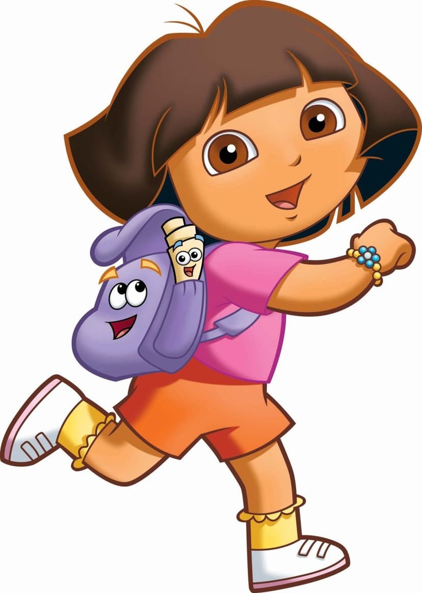 Dora the Explorer smiles while walking with a purple backpack and map, wearing a pink shirt and orange shorts.