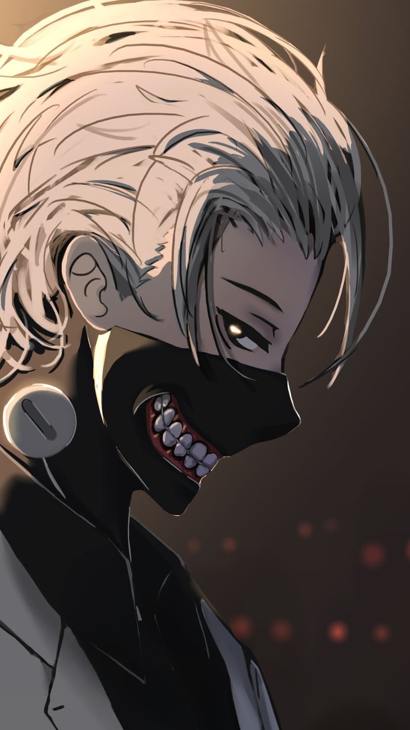 White-haired character wearing a black mask with sharp teeth and one glowing eye against a dark background.