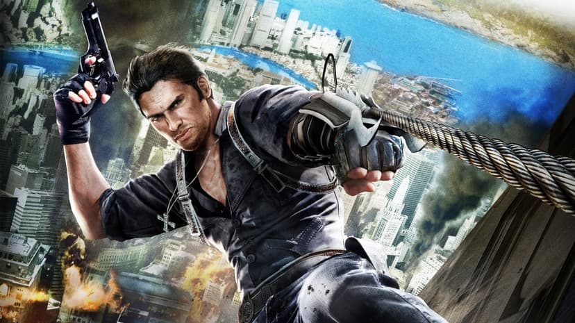 Rico Rodriguez leaping through the air with a grappling hook and pistol over a sunlit coastal city with explosions.