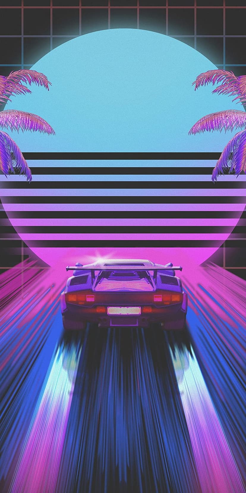 Sports car driving on a neon grid highway toward a large purple sun between silhouettes of palm trees.