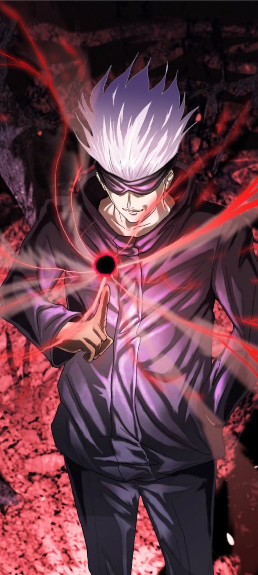 Satoru Gojo with white hair and a blindfold holds a glowing black orb amid swirling red and dark energy.