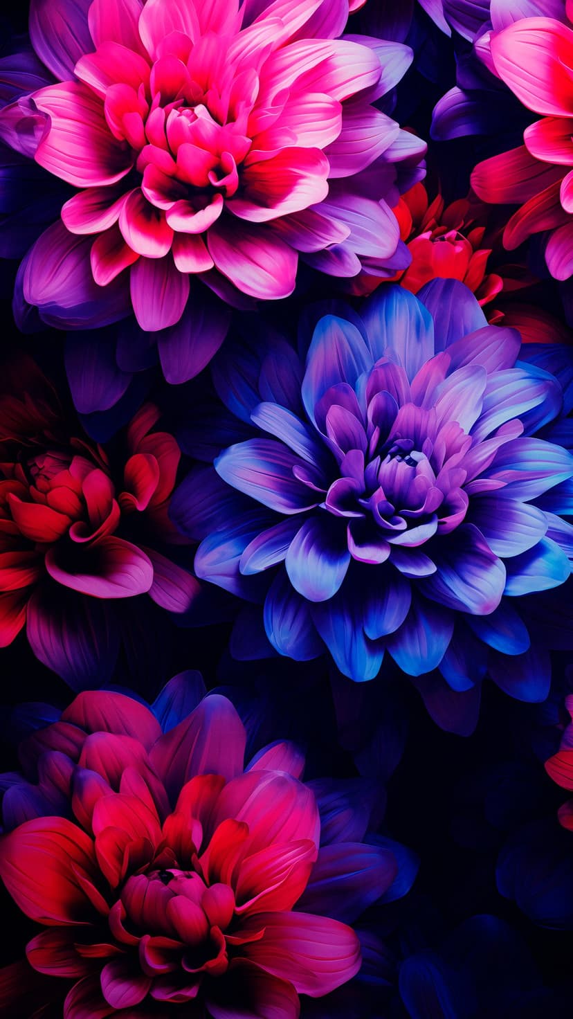 Pink and electric blue dahlia flowers with multi-layered petals positioned against a dark, moody background.