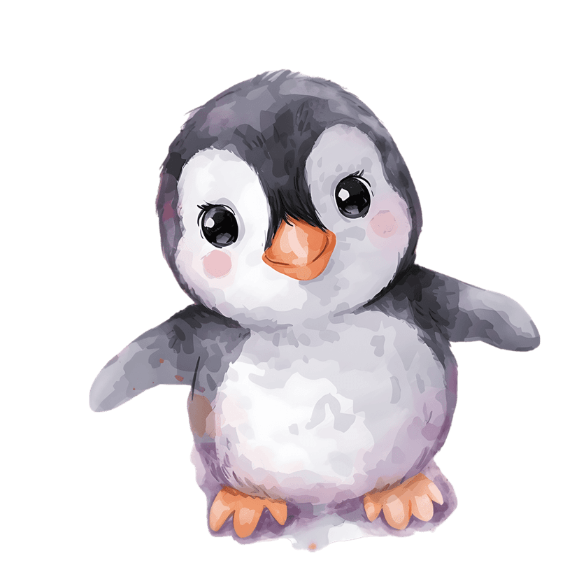 Watercolor baby penguin chick illustration with soft pastel feathers and a transparent background for design work.
