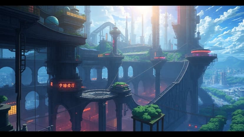 Green skyscrapers with sky bridges and orange neon lights in a sprawling vertical city under bright sunlight.