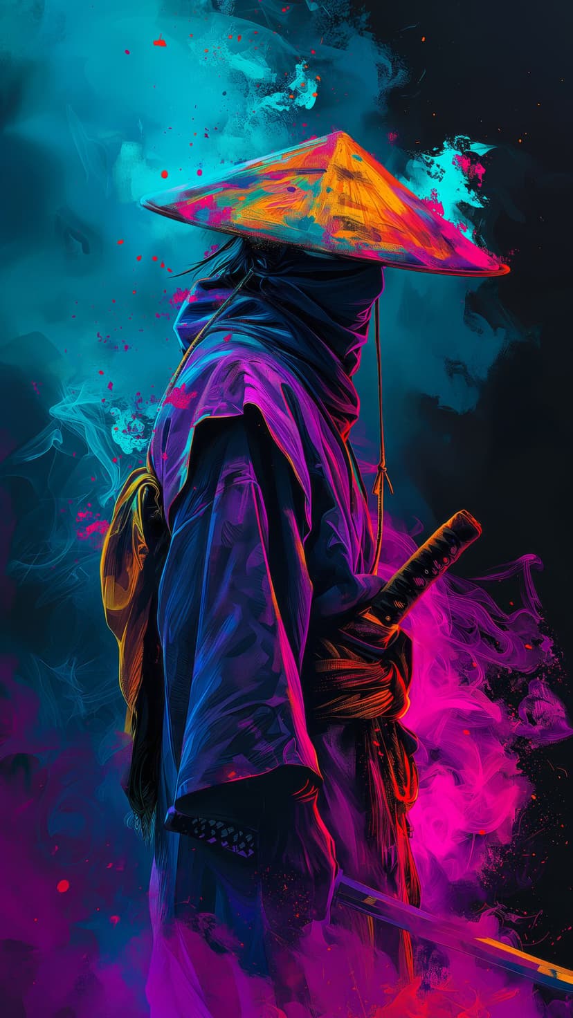 Samurai wearing a conical hat grips a katana while surrounded by glowing pink and turquoise neon smoke clouds.