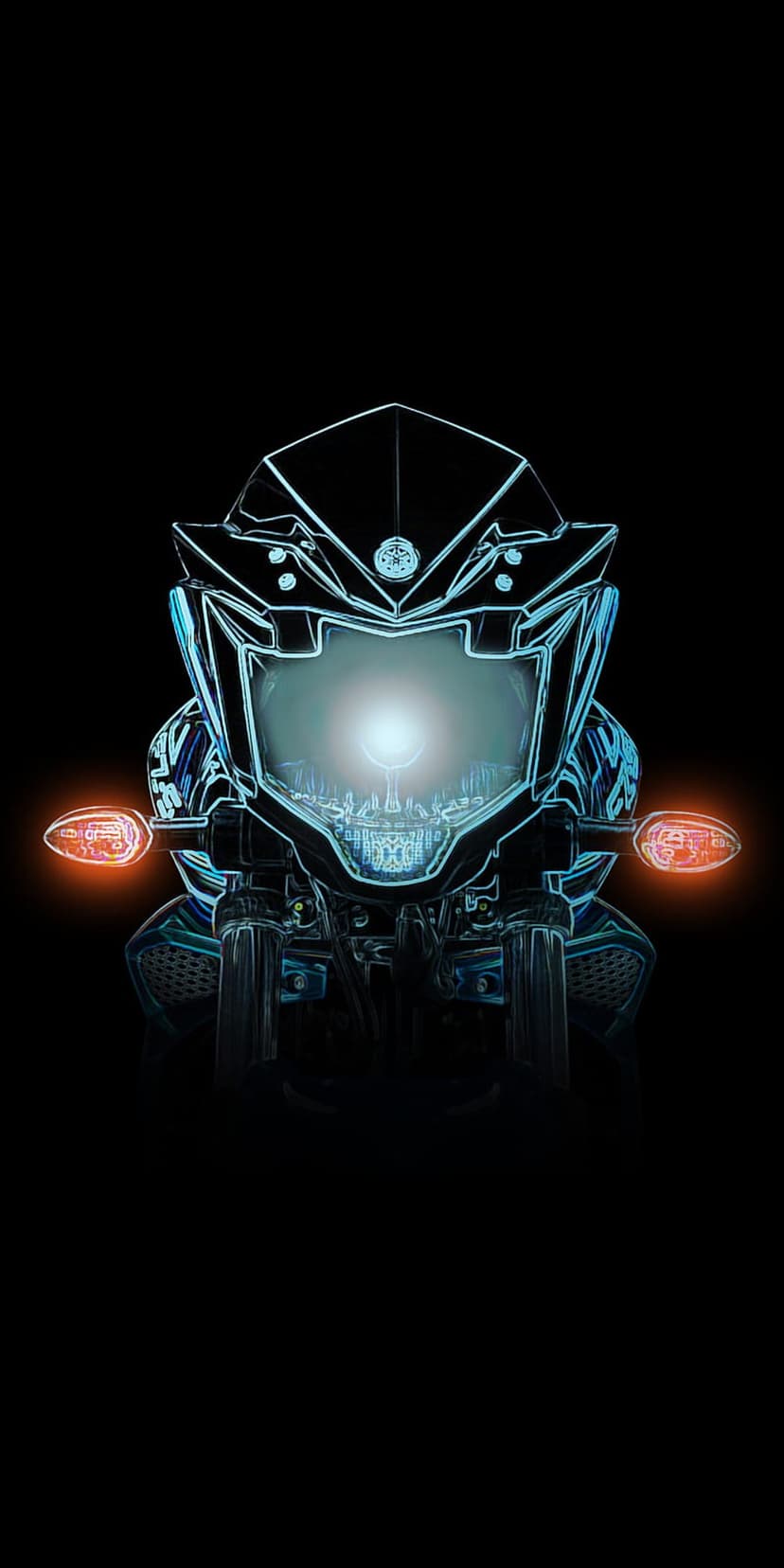Motorcycle headlight and turn signals outlined in neon blue and orange glow against a solid black background.
