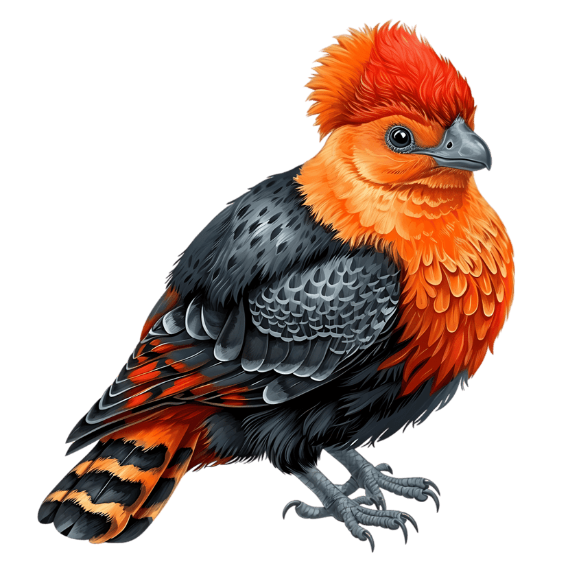 Orange crested bird digital illustration featuring detailed black wings and sharp talons on a transparent backdrop.