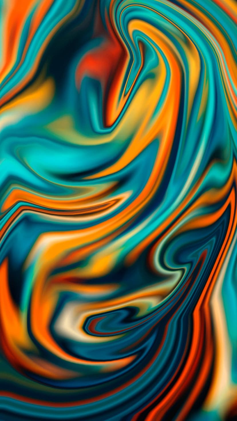 Swirling teal and orange paint ribbons intertwine in a fluid, marbled pattern with deep blue shadows and highlights.