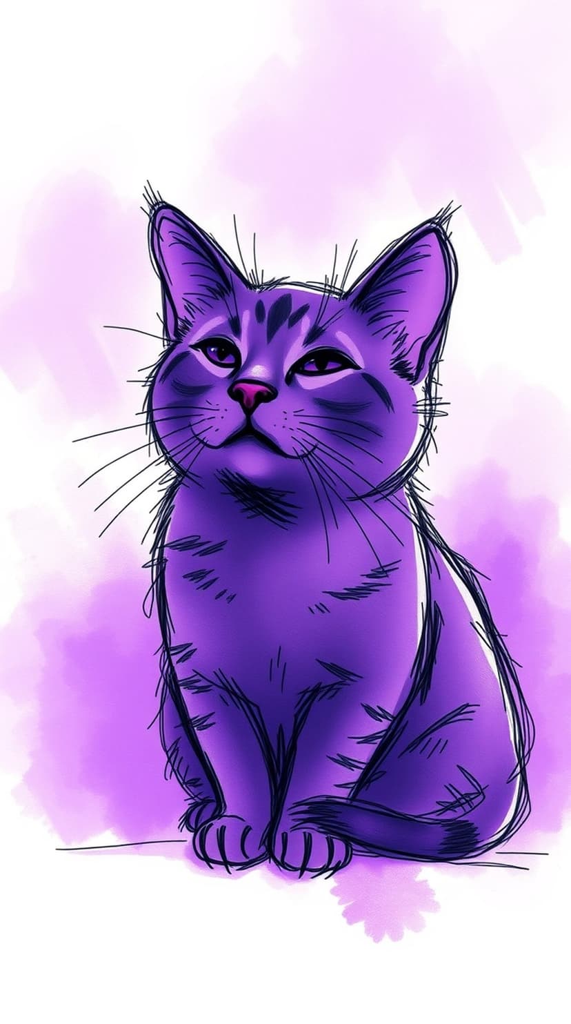 Purple tabby cat with dark eyes and fine whiskers looking upwards against a soft, hazy pink backdrop.