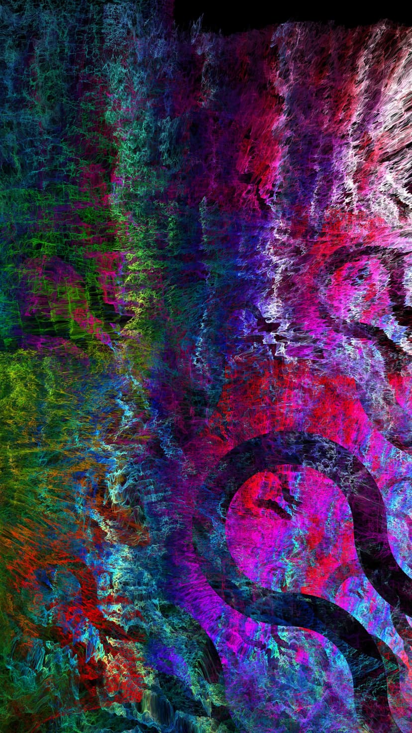 Swirling green, blue, and purple fractal curves intertwine against a dark background with fluid, organic energy.