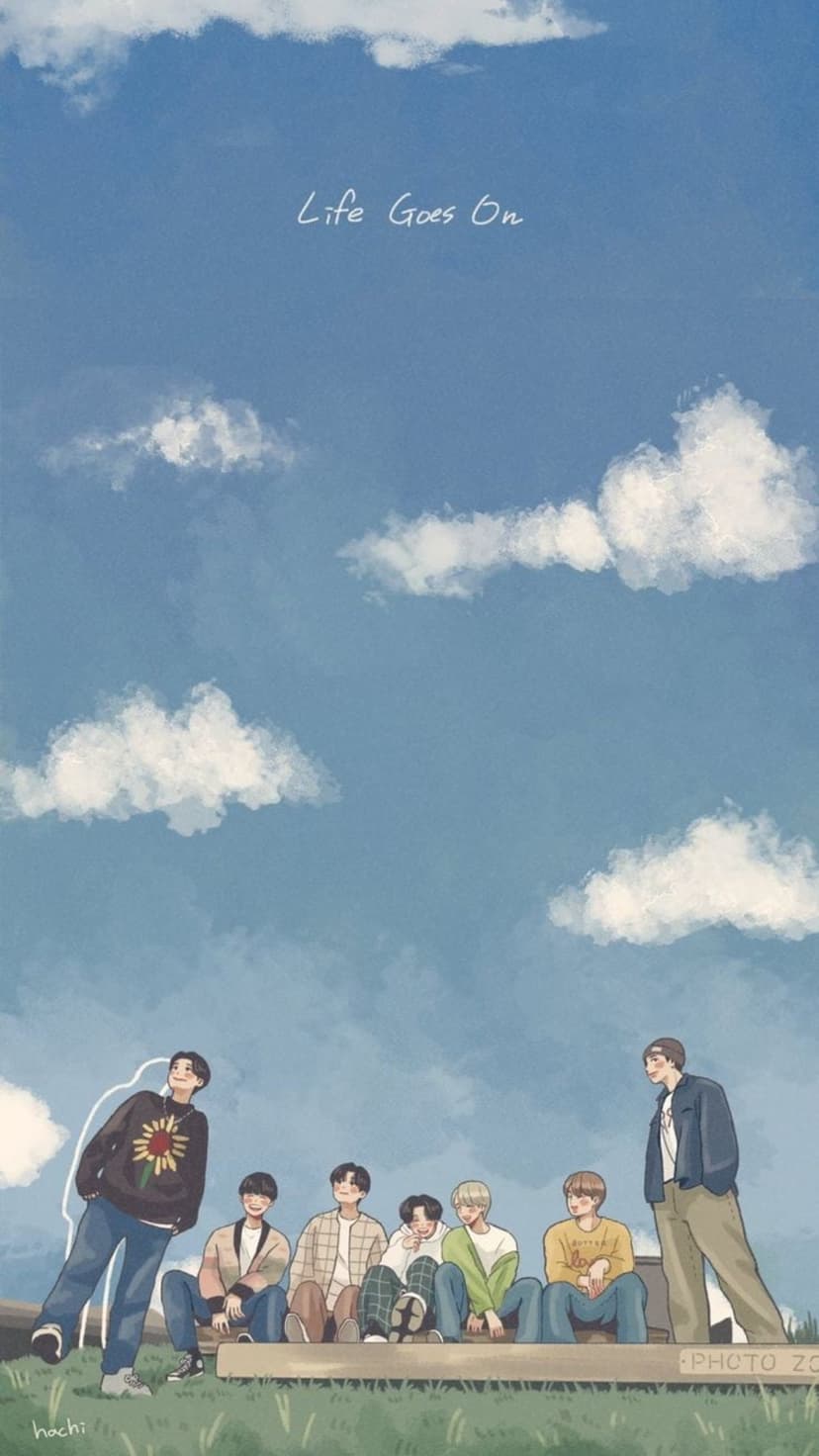 Seven men sit on an outdoor bench under a blue sky with Life Goes On lettering among white clouds.