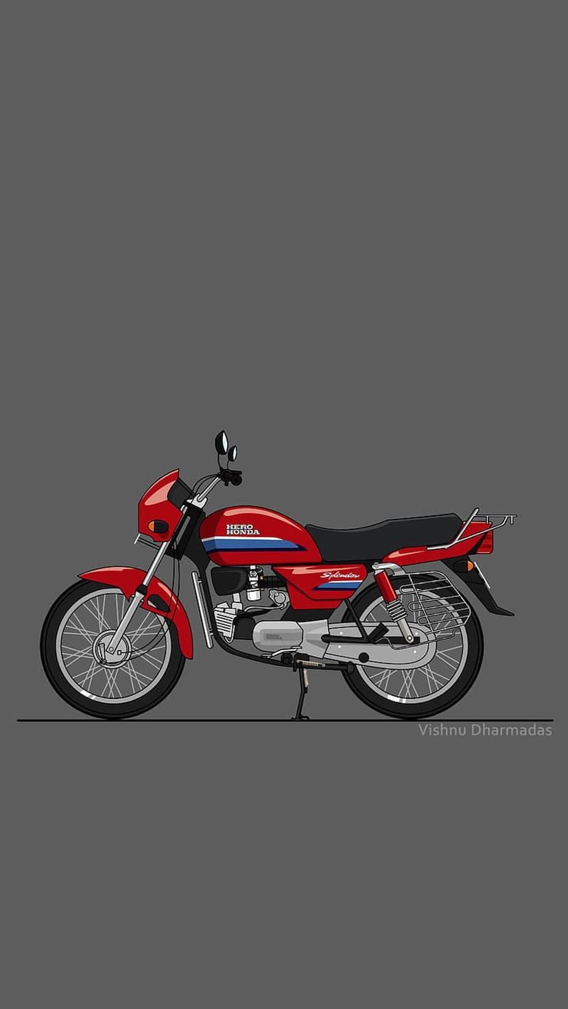 Red Hero Honda Splendor motorcycle with a silver engine and black seat positioned against a solid gray background.