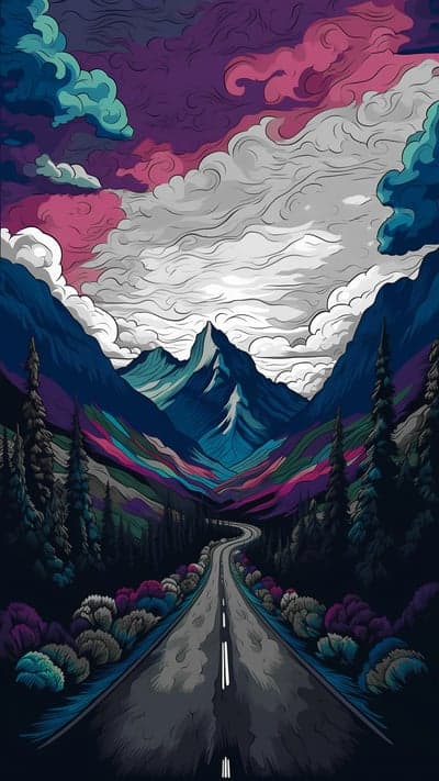 Vibrant Mountain Road Under Psychedelic Sky