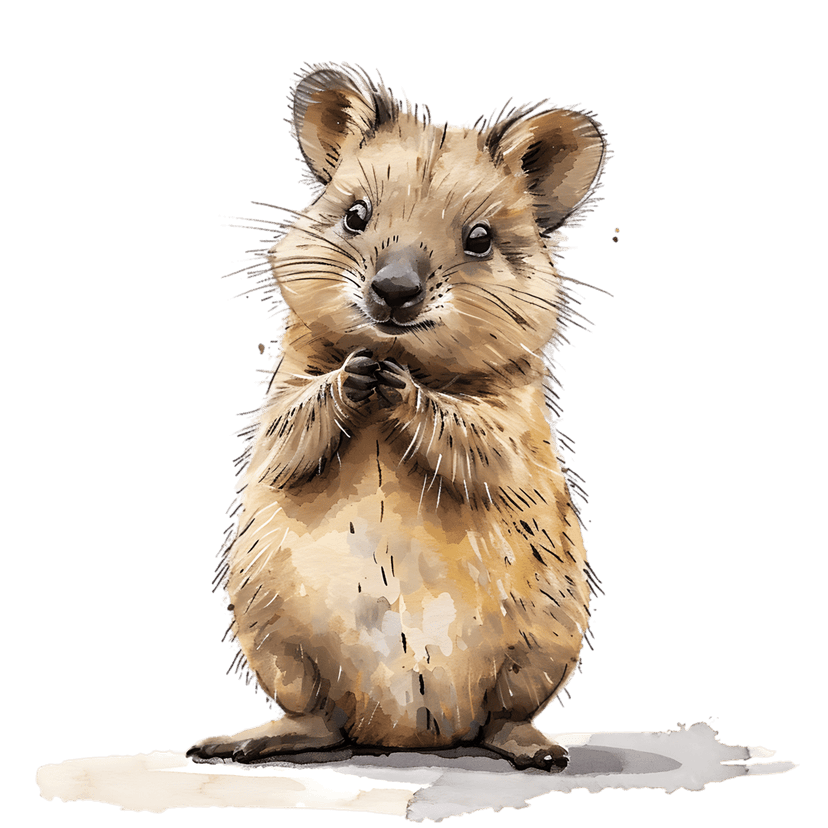 Quokka watercolor painting shows a brown marsupial with detailed fur textures and a smile on a clear background.