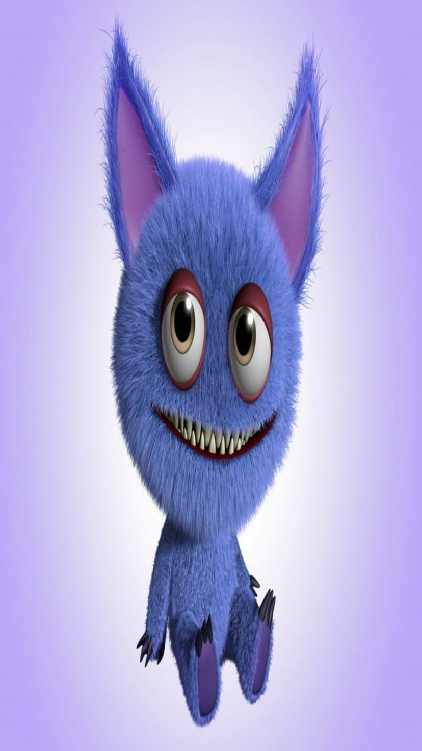 Blue furry monster with large tan eyes and sharp teeth sits smiling with pointed ears and small claws.