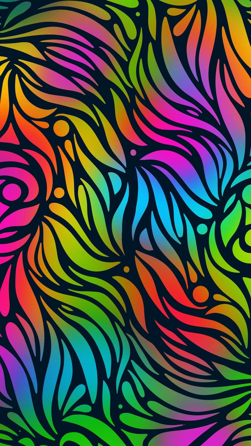 Vivid rainbow swirls and glowing fluid patterns flow across a deep navy background in a vertical composition.