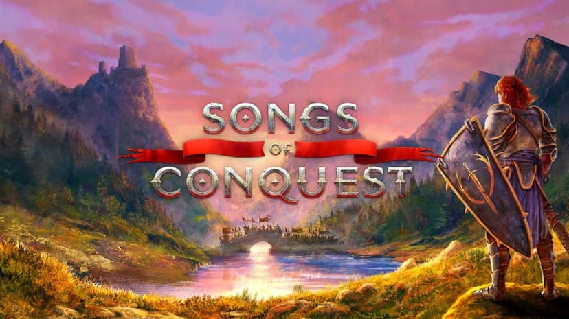 Red-haired knight in armor overlooking a valley with a river, bridge, and mountain castle at sunset.