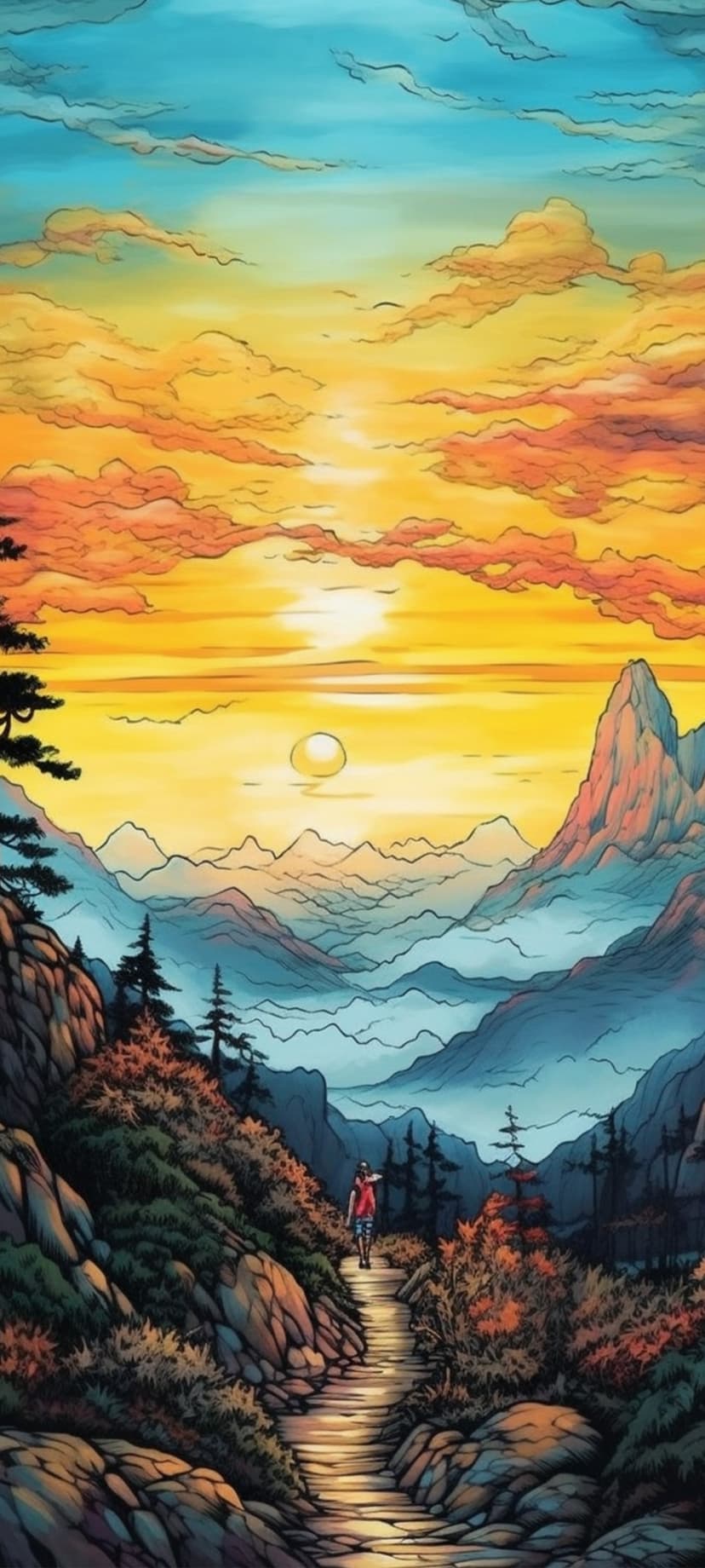 Solitary hiker ascends a rocky trail against a fiery orange sky and blue mist-covered mountain peaks.