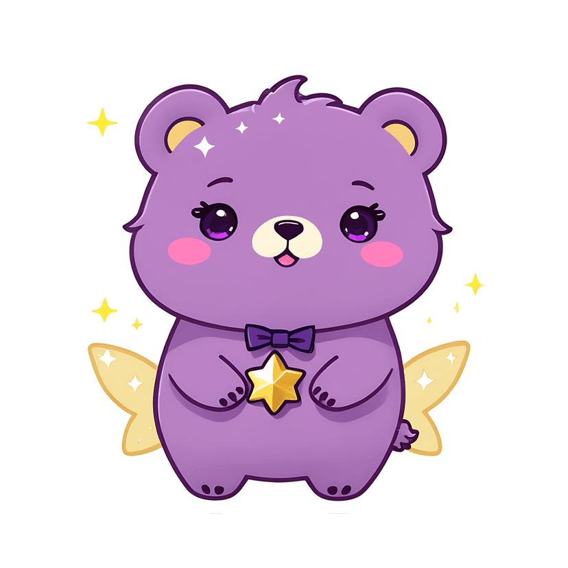 Purple bear sticker with gold wings and a star features a glossy finish and thick white border on black.