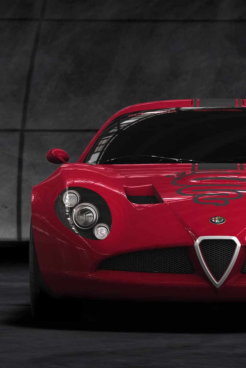 Red Alfa Romeo 4C front bumper featuring a black snake decal and signature shield grille on a dark background.